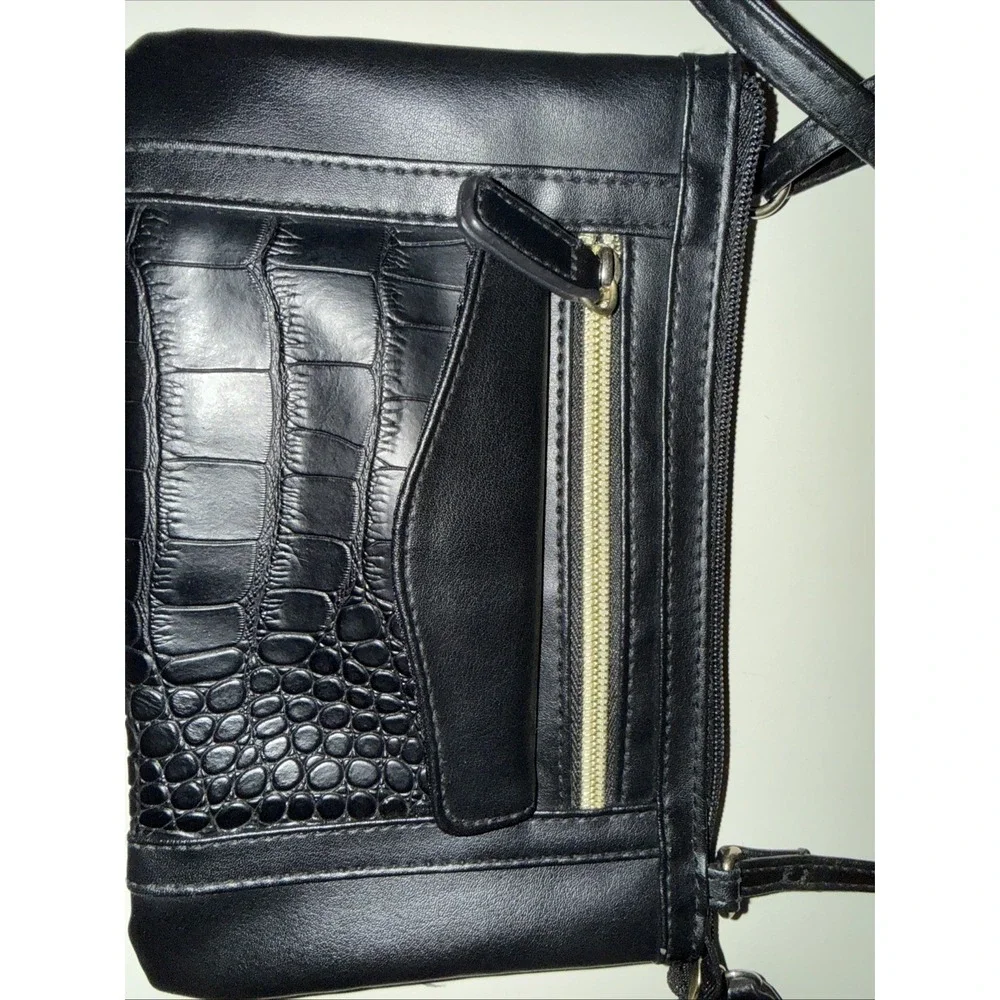 Black Croc Embossed Faux Leather Crossbody Bag with Multiple Pockets and Strap